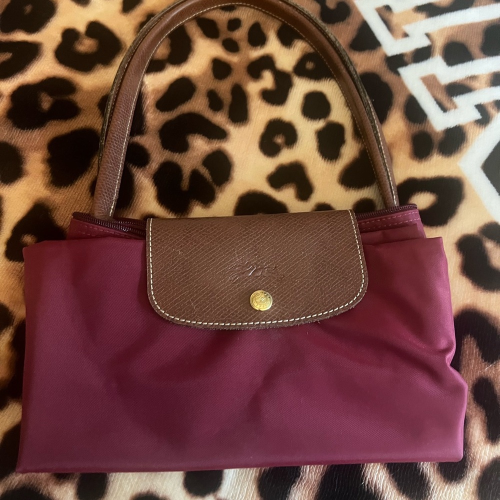 Longchamp Red and Brown Shoulder Bag with Leather Trim
